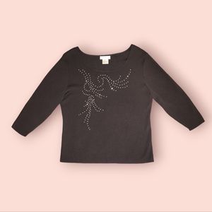 Karen Lessly NWT - 3/4 Sleeve Black w/ Rhinestones Blouse - Rayon/Nylon - XL